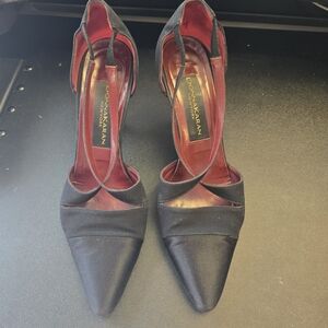 Donna Karan Black Satin Pointed Toe Slingback Pumps with Burgundy Interior